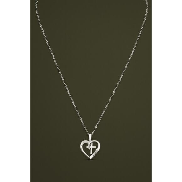 Diamond Heart Cross Necklace Sterling Silver Lab Grown Diamond Pendant Religious - Picture 1 of 5